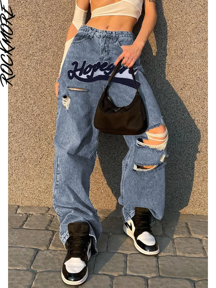 

Rockmore Hip Hop Spliced Jeans Baggy Ripped Pants Women Streetwear High Waist Wide Leg Y2K Harajuku Loose Denim Trousers Casual