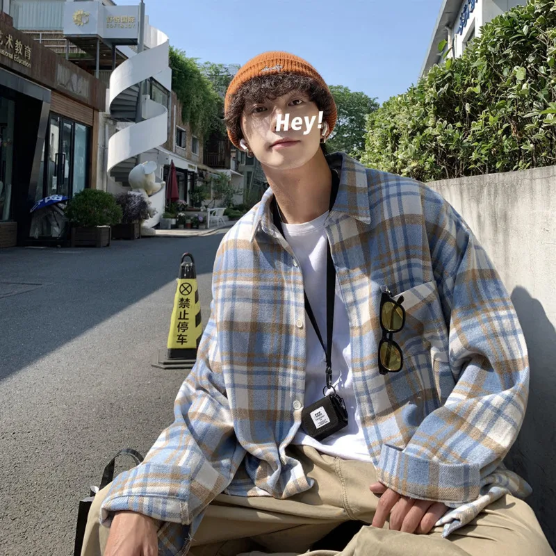Autumn Thicken Woolen Shirt Men Fashion Retro Casual Plaid Shirts Mens Streetwear Korean Loose Long-sleeved Shirts Men M-2XL