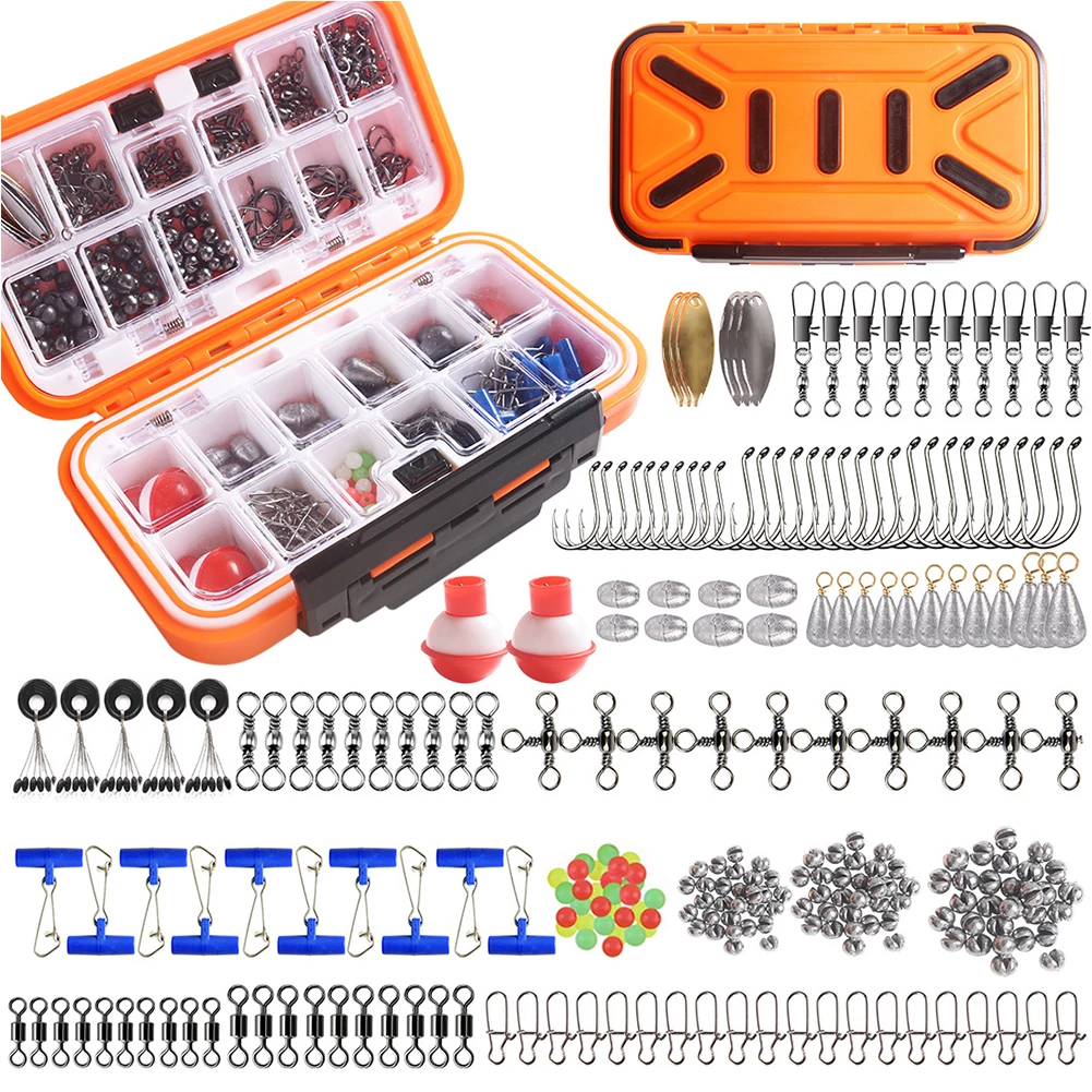 

254Pcs Fishing Tackles Box Accessories Kit with Sinkers Weight Swivel Ring Hooks Stop Bead Space Bean with Tackle Box