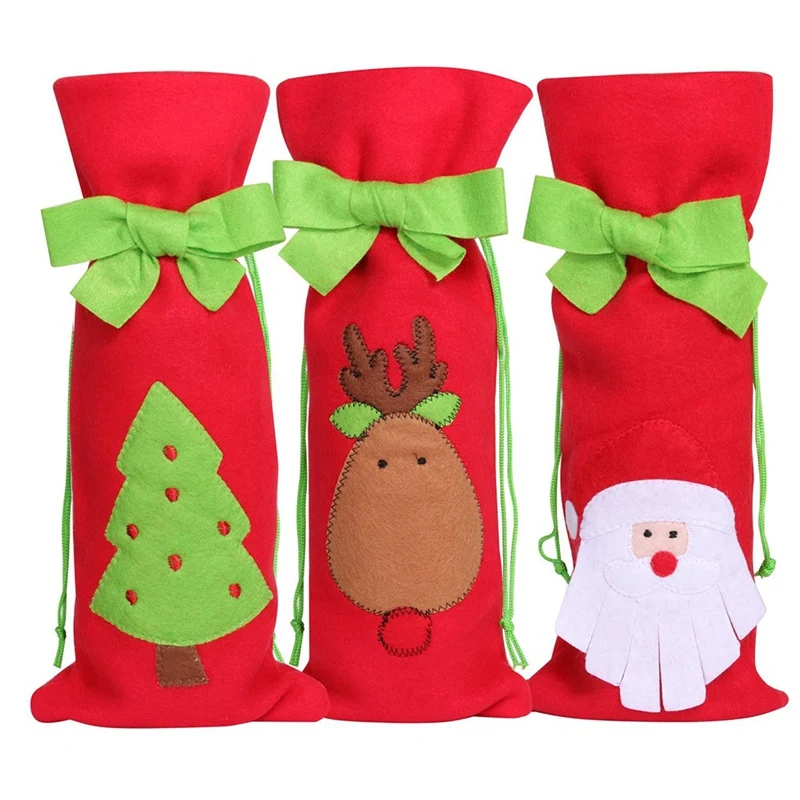

3PCS Set Christmas Wine Gift Bag Christmas Gift Bag Felt With Christmas Theme Christmas Tree And Reindeer