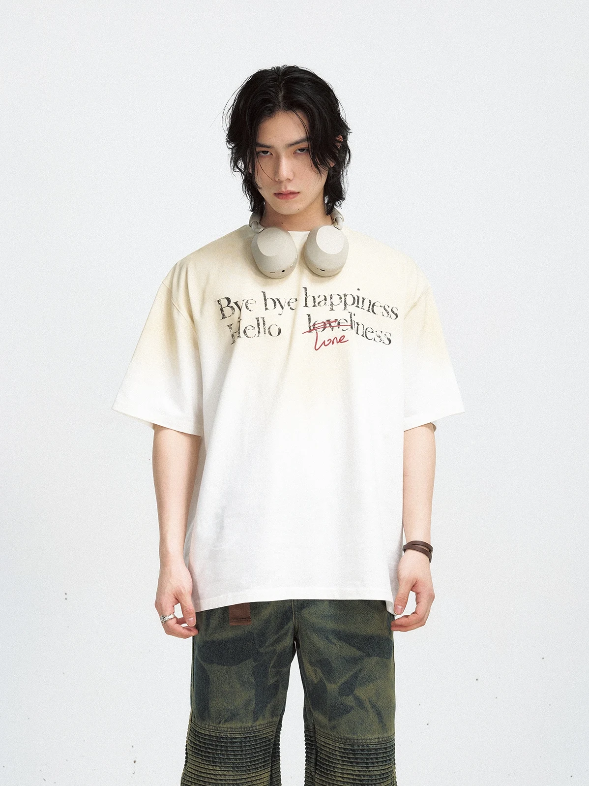 PeopleSle Gradient Dir Dyeing Letters Washed T-shirt Белый мужской и женский свободный топ с короткими