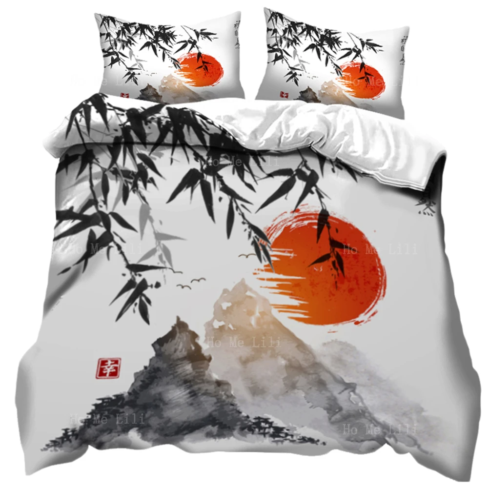 

Bamboo Trees Red Sun And Mountains Traditional Japanese Ink Sumi-E Freedom Nature Duvet Cover Bedding Decor Set