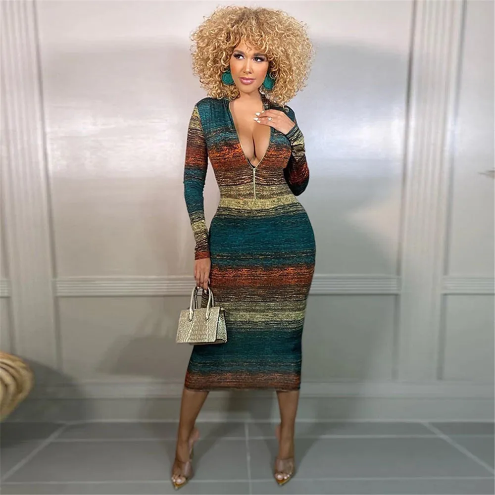 

Bodycon Dress Low-cut Pull-up And Tight-fitting Color Print Sexy Dress Autumn Spring New Fashion Long Sleeve Party Dresses