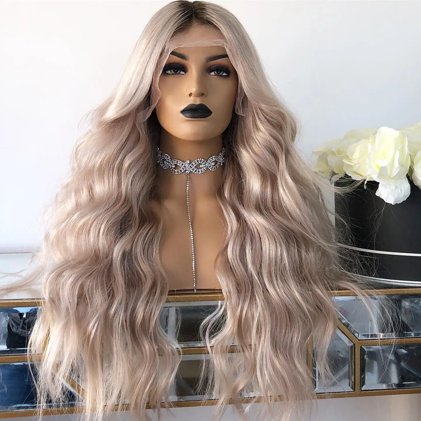 

250% High Density HD13x6 Lace Frontal Wig Rose Blonde Ombre Human Hair Wig Dark Roots Pre Plucked Loose Wave Lace Front Wig 13x4