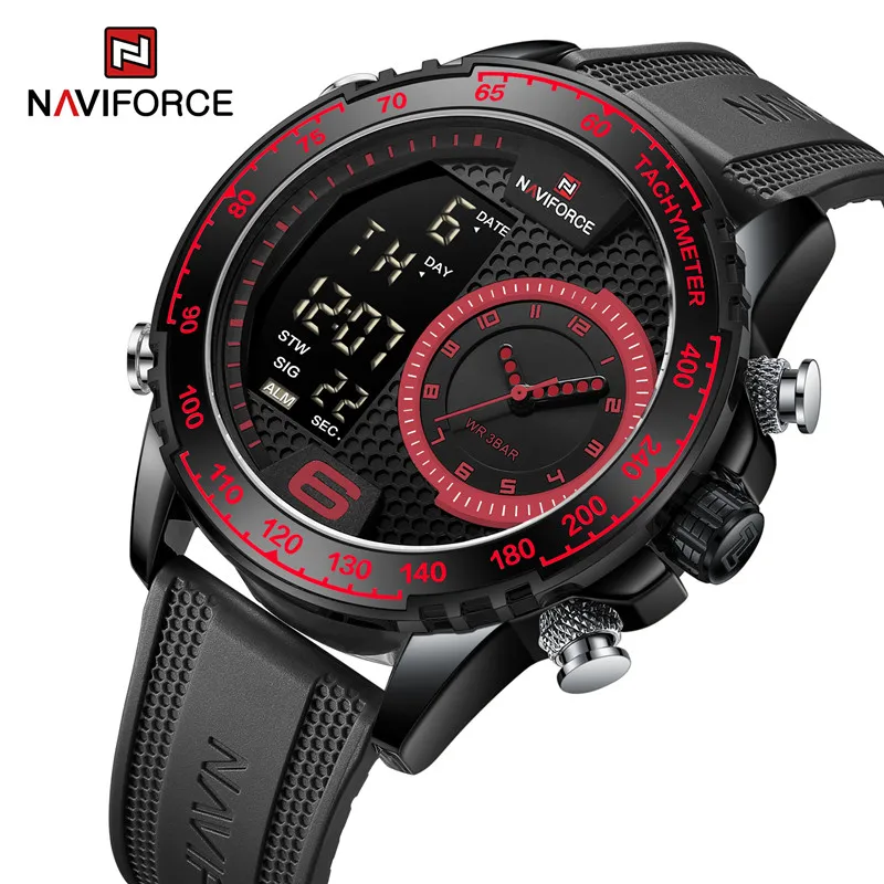 

Мужские часы NAVIFORCE с силиконовым ремешком, цифровые спортивные роскошные кварцевые наручные часы с хронографом, светящиеся водонепроницаемые часы с двойным временем, 2023