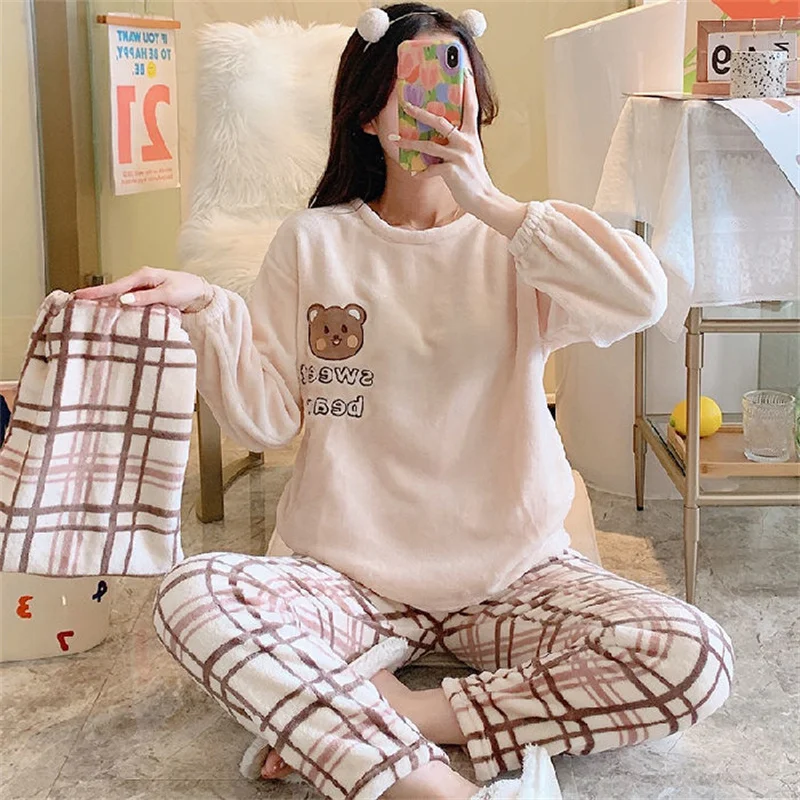 3PCS/Set Pajamas Set Casual Sleepwear For Women Warm Full Cartoon Pyjama Women's Flannel Winter Fashion/Autumn Soft Homewear