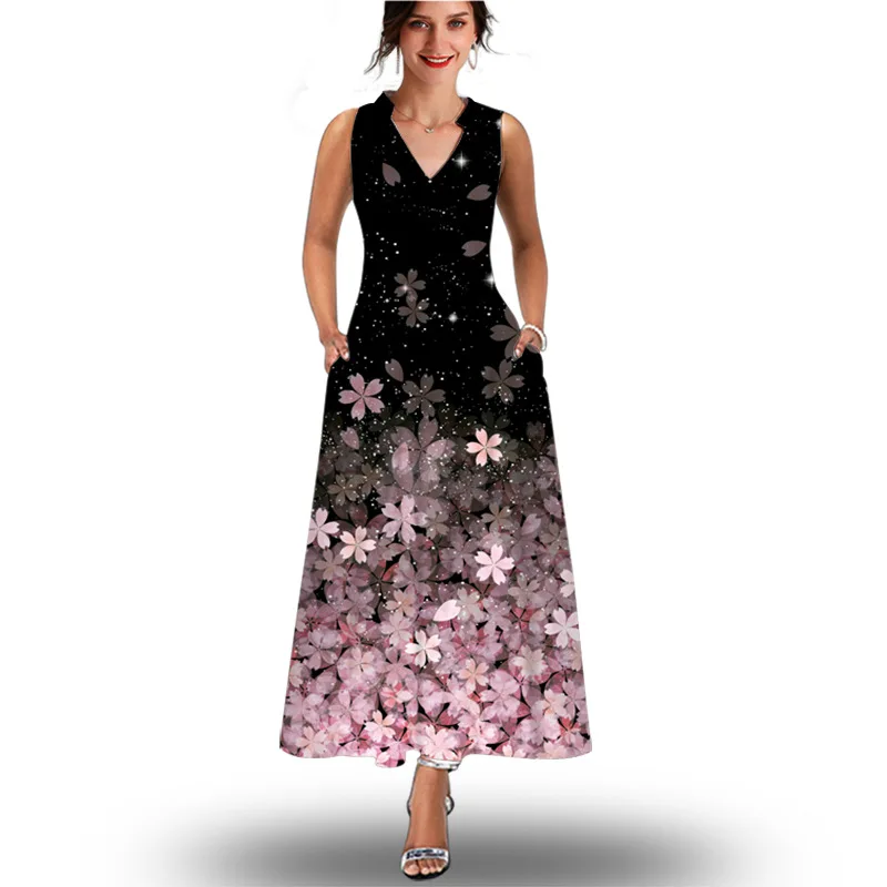 

Summer Ladies Fashion Sexy Starry Print Long vestidos 2022 Bohemian Ladies V-Neck Sleeveless black Pocket Dress Vestido Longo