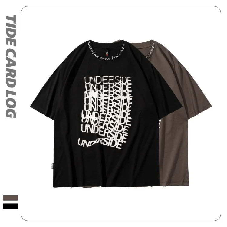 

2022 Men's Loose Summer Wear Casual Embroidered Letters Crew Neck T-Shirt Asymmetric Letter Print Tops Oversized Cotton Tees