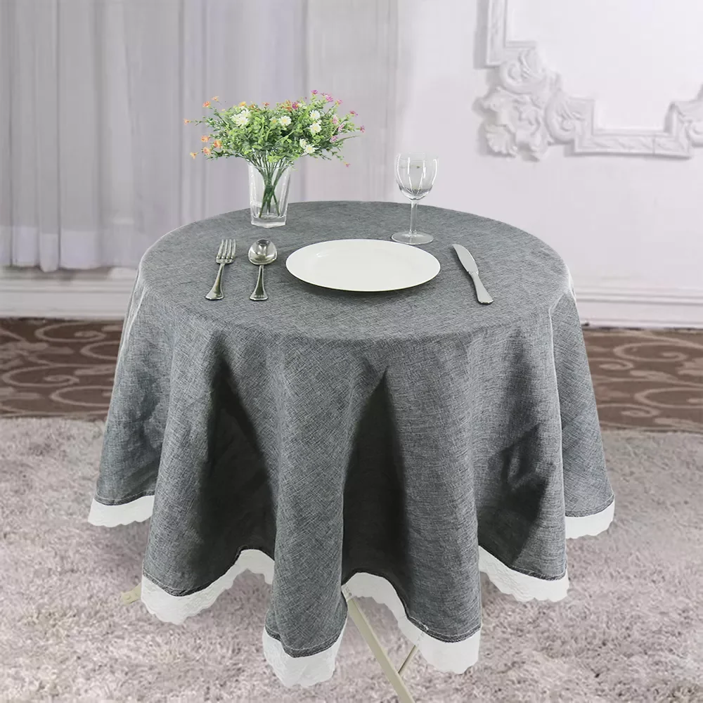 Rustic Round Tablecloth Gray Cotton Linen Table Cover Cloth Solid Decorative Elegant Pastoral Round Tablecloths with Lace Edge