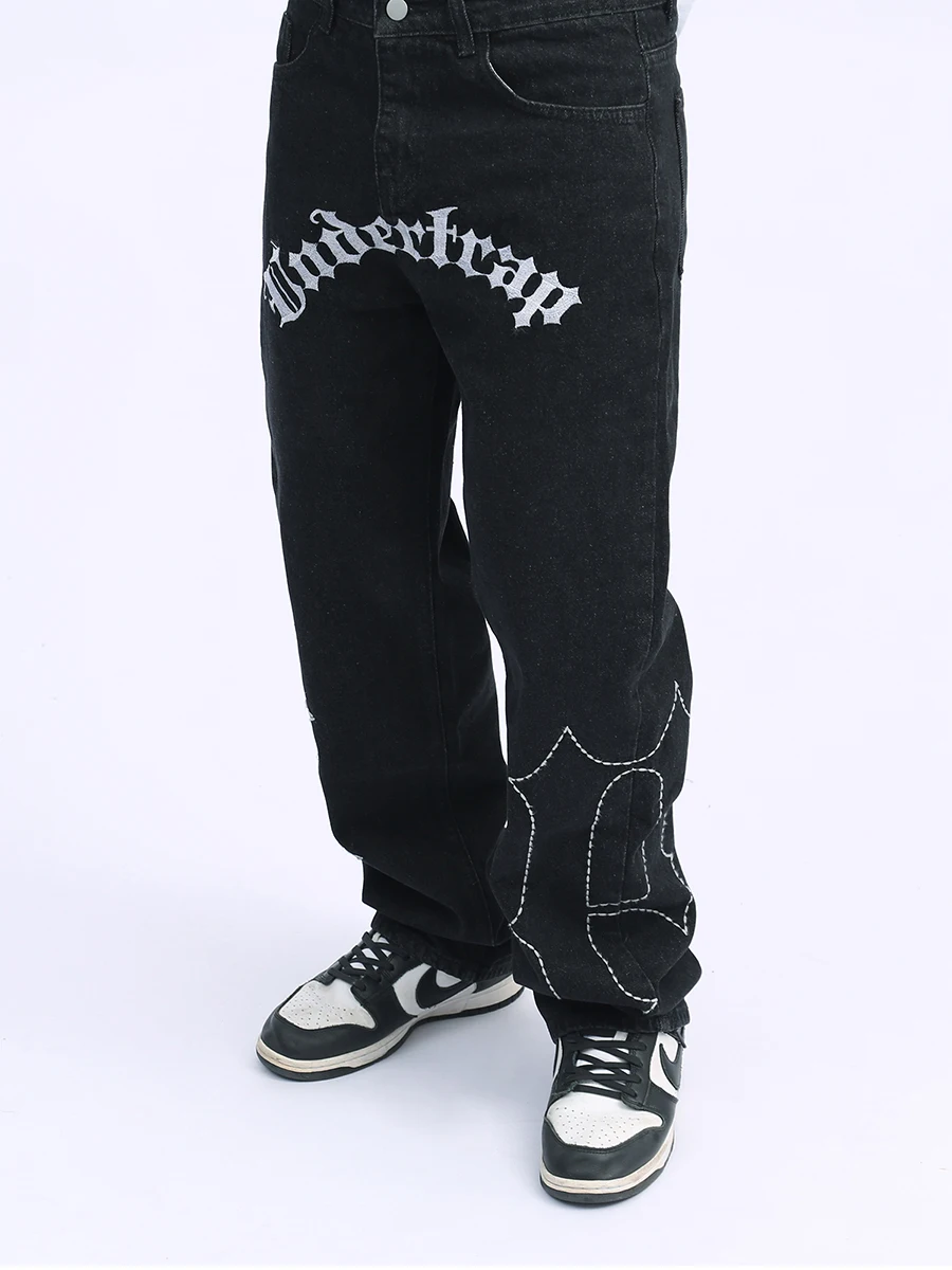 Four Seasons Jeans Men's Street Retro Embroidered Casual Pants Hip Hop Loose High Street Trend Straight Pants Ins Hot Sale JEANS