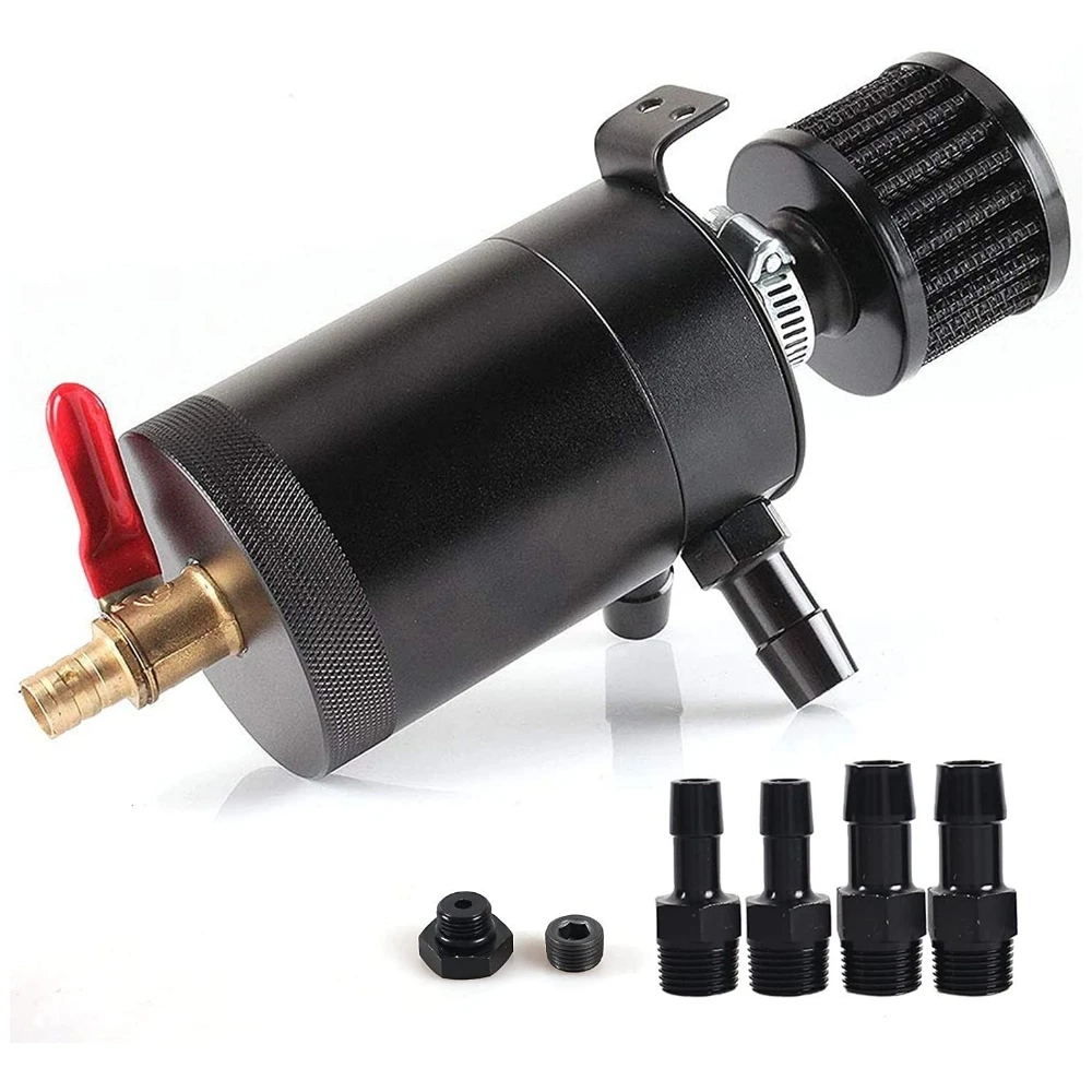 

Baffled 2-port/ 3-Port Oil Separator with Breather Filter + Drain Valve,Universal Car Oil Catch Can Kit Reservoir Tank
