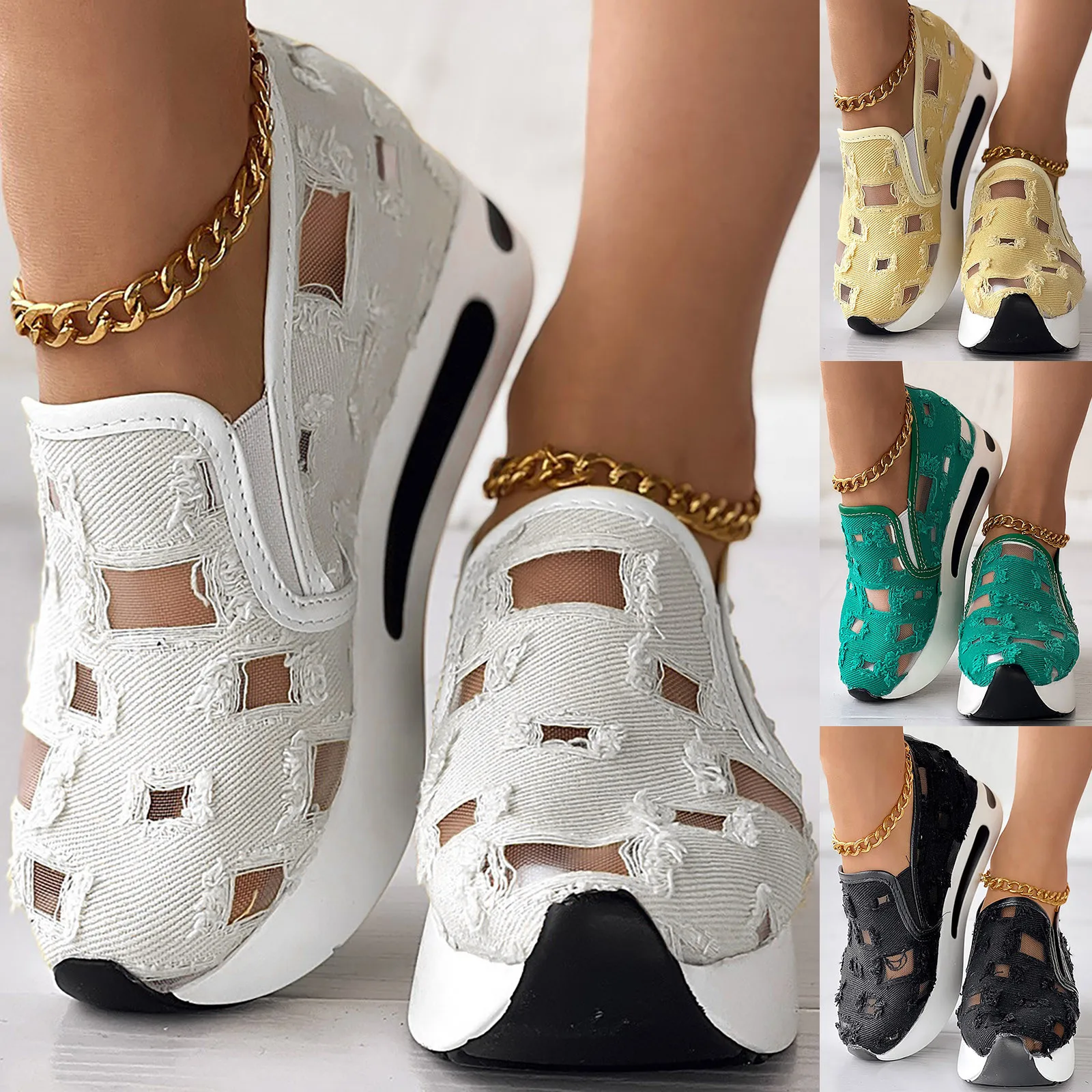

Women's Sneakers Floral Embroidery Mesh Sneakers for Women Slip on Casual Comfy Heeled Shoes Woman