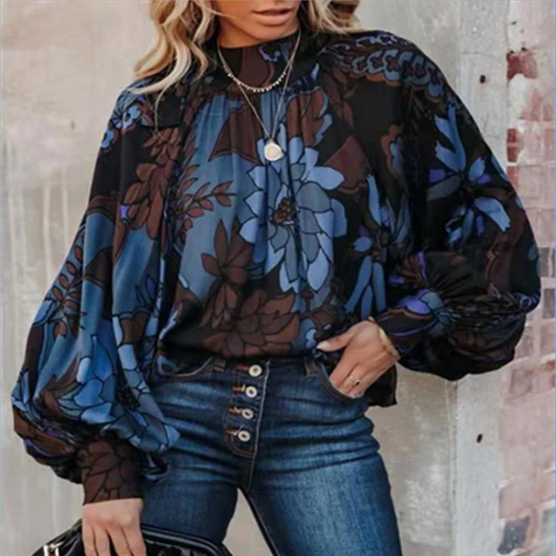 

Женская шифоновая блузка с цветочным принтом, длинным рукавом-фонариком и круглым вырезом