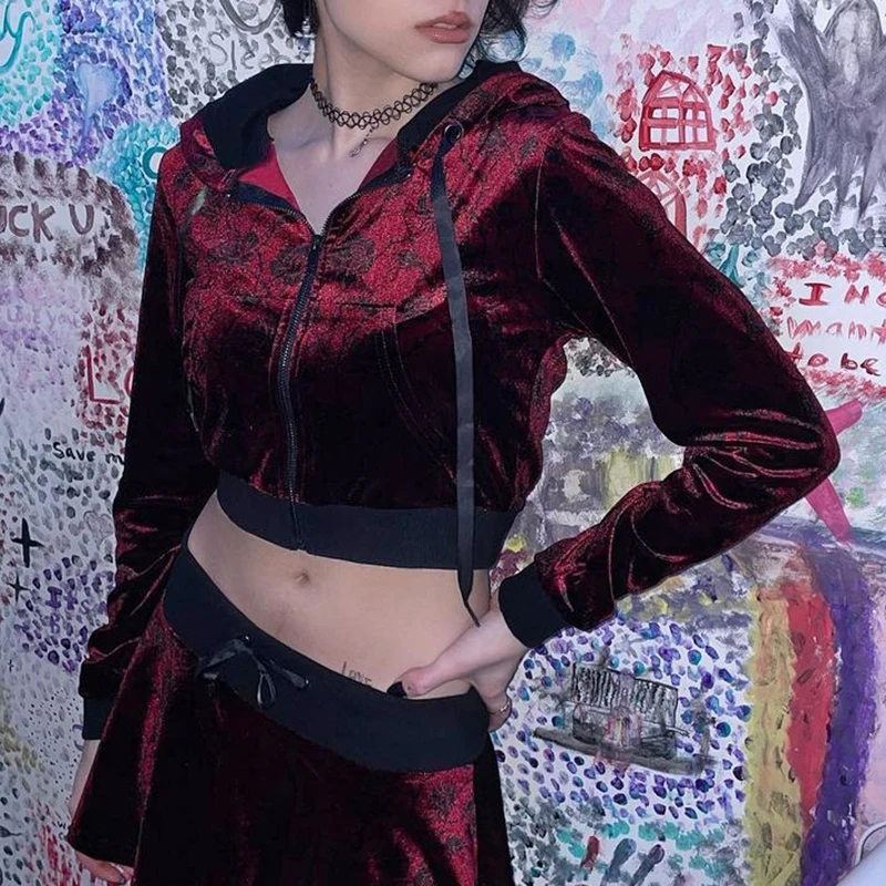 

E-girl Gothic Zipper Pockets Coat Mall Goth Retro Velvet Jackets Floral Print 90s Vintage Long Sleeve Cropped Hoodies Outwear
