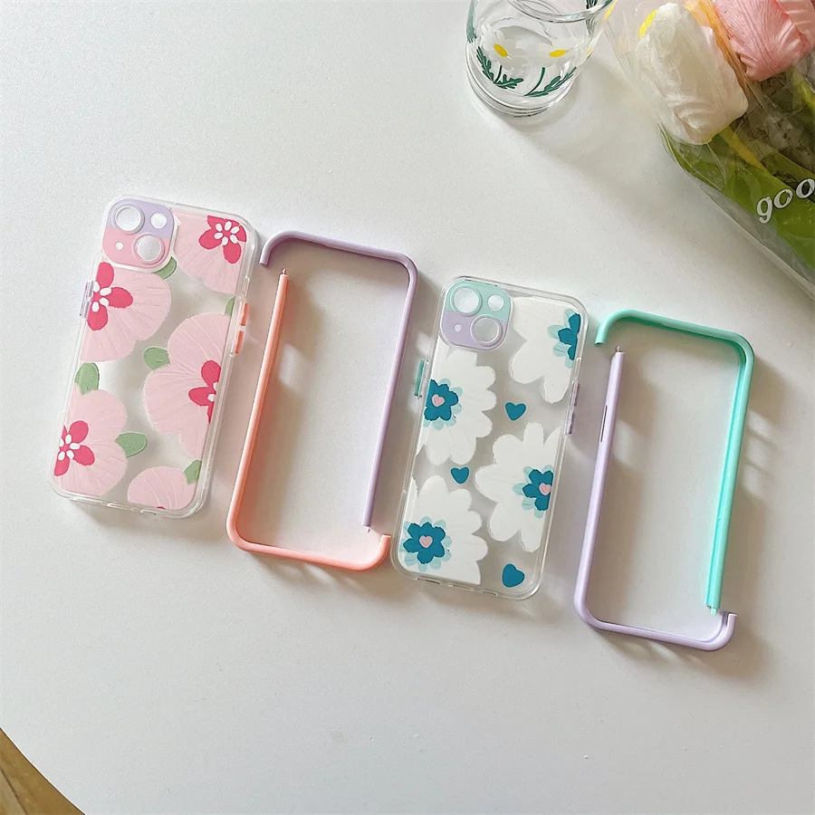 iPhon13 Double Color Frame Case For iPhone 13 12 11 Pro Max X XR XS Cover Flower Cartoon Soft Transparent Bumper Back Cases |