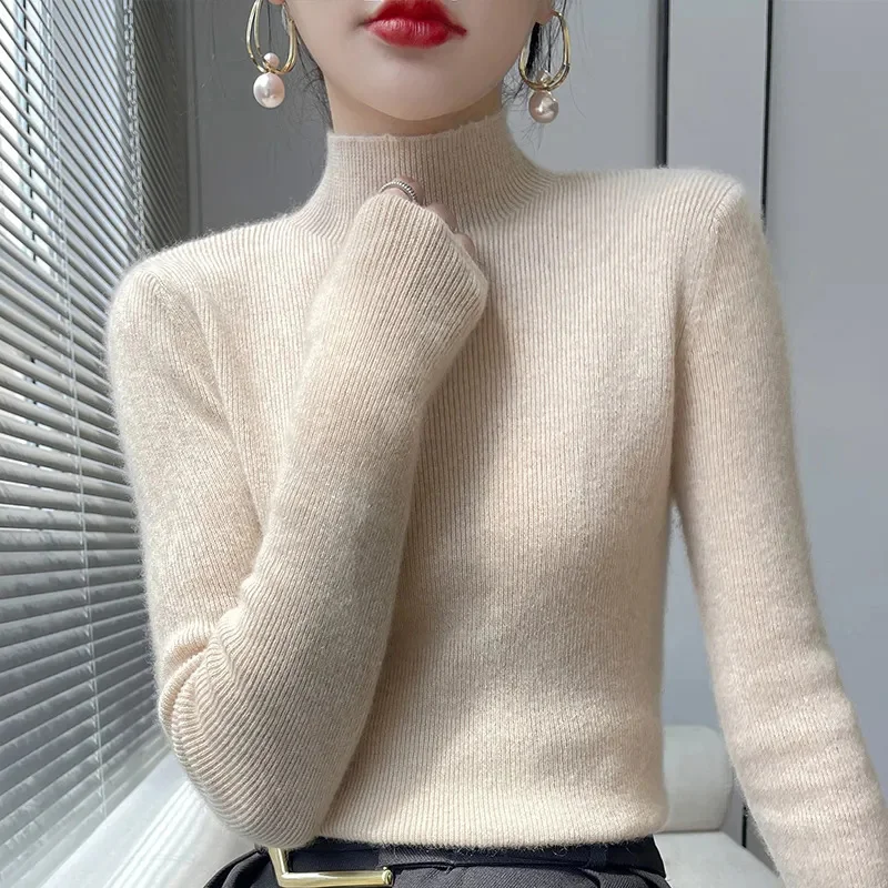 

Autumn Winter Thick Knitted Sweater Women Fashion Korean Half Turtleneck Long Sleeve Sweater Harajuku All Match Warm Jumper