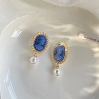 s925 silver needle french retro blue portrait earrings simple temperament palace style pearl earrings