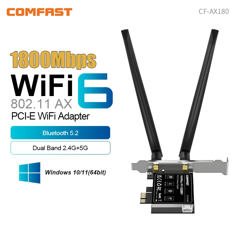 Фото COMFAST WIFI6 PCIE адаптер 1800M BT5.2 игровая сетевая карта PCI-E 2,4G/5G настольный адаптер беспроводной сетевой карты для Win10/11 №1