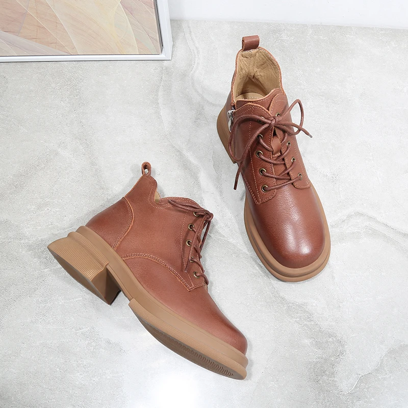 Обувь из натуральной кожи женские ботинки новые для зимы 2024 с круглым носком