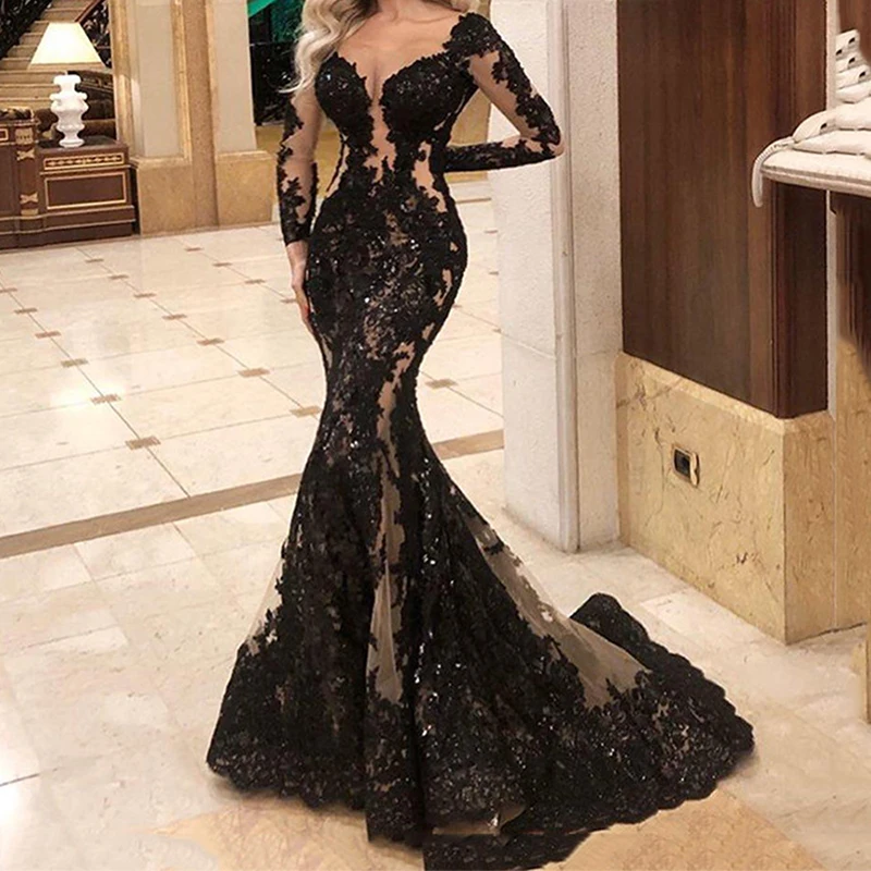 

Женское вечернее платье-русалка, Черное Кружевное Платье до пола с длинным рукавом и V-образным вырезом, аппликацией и длинным рукавом, плат...