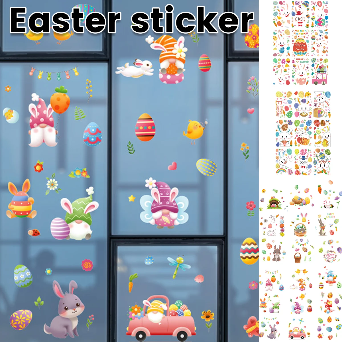 

9 Sheets Easter Window Stickers Cute Cartoon Bunny Sticker Reusable PVC Easter Decals Party Decor for Windows Mirrors Glass