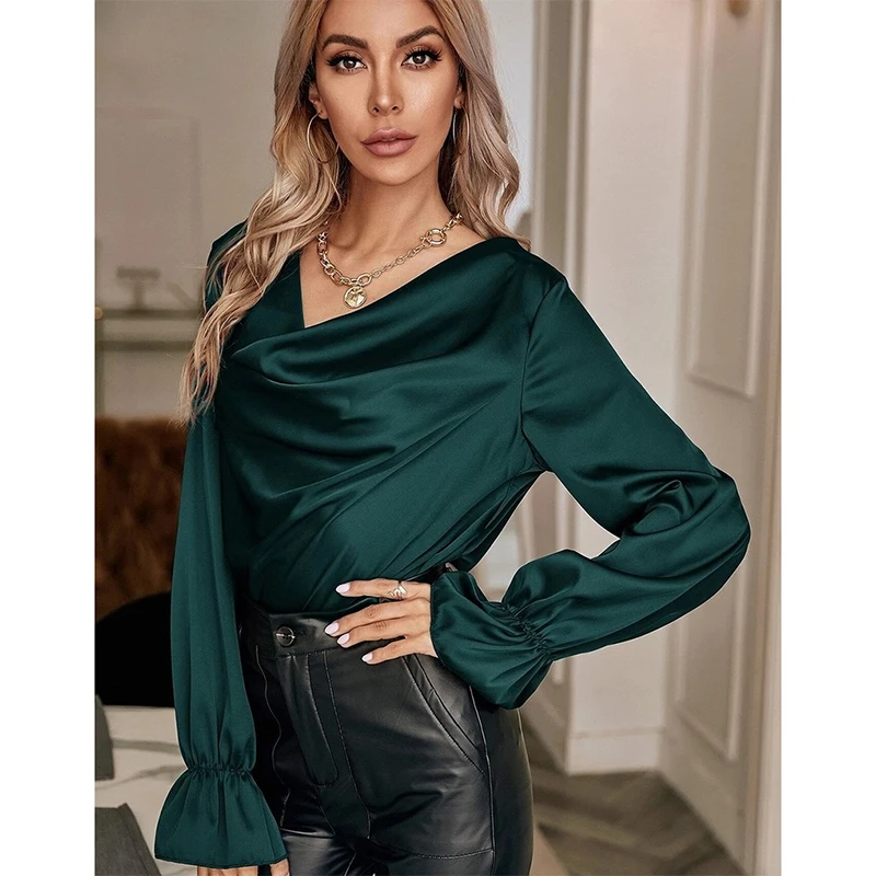 

Шикарная Зеленая атласная рубашка с воротником-стойкой, Женская свободная Дамская блузка с длинным рукавом, Повседневная модная Осенняя Эл...