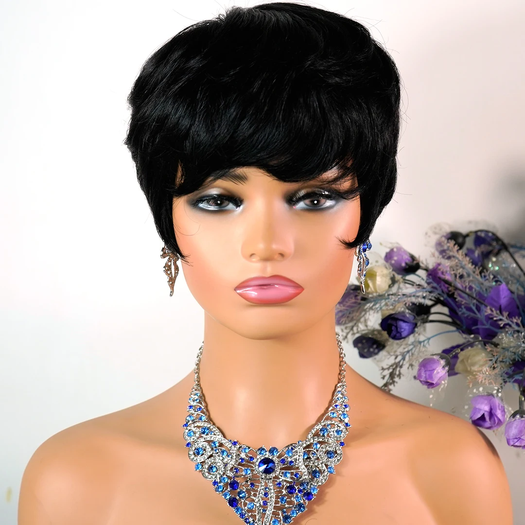 

Sylhair Short Pixie Cut Wigs With Bangs for Women Black Layered Short Hair Pre Plucked Cheap Glueless Brazilian Non Lace Wig