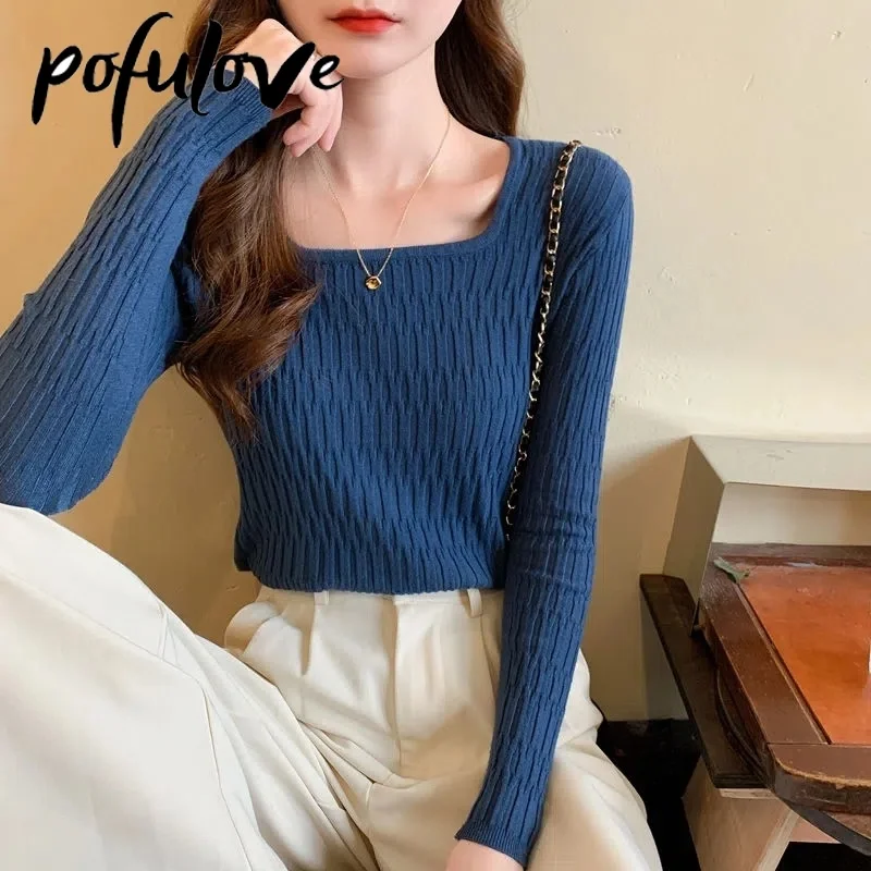 

Square Neck Sweater Women's Fashion Slim Pullover Low-neck Long-sleeved Basic Knitted Sweater Autumn and Winter Solid Jumper