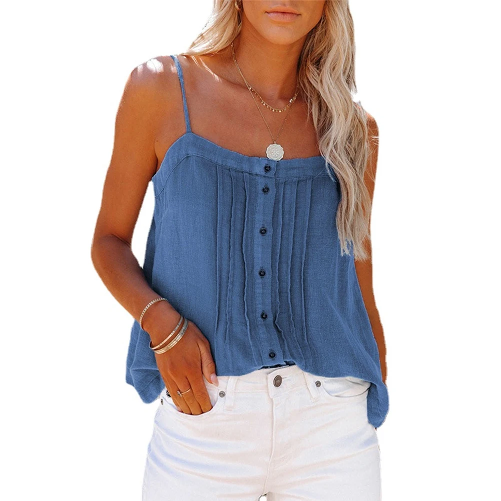 

2023 Women Summer Square Neck Tops Pure Color Sleeveless Loose Outerwear Button Clothes Sexy Camisole Top