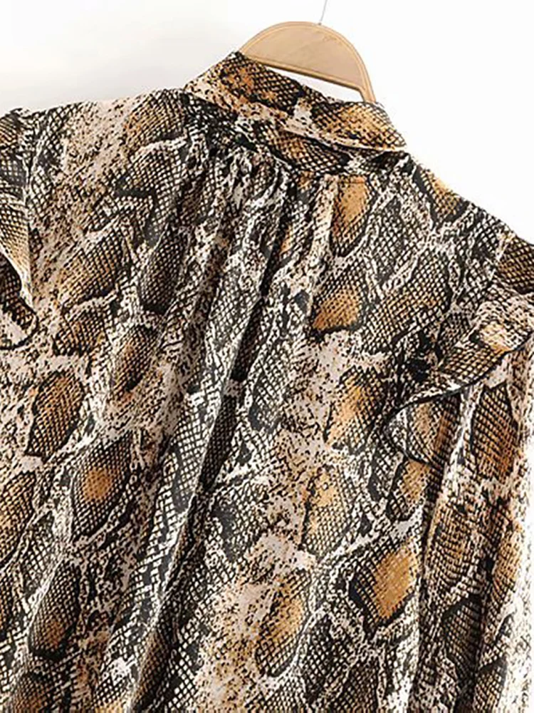 Aachoae Chic Stylish Ruffles Snake Print Blouse Women Bow Tie Neck Streetwear Shirt Female Long Sleeve Office Ladies Tops | Женская