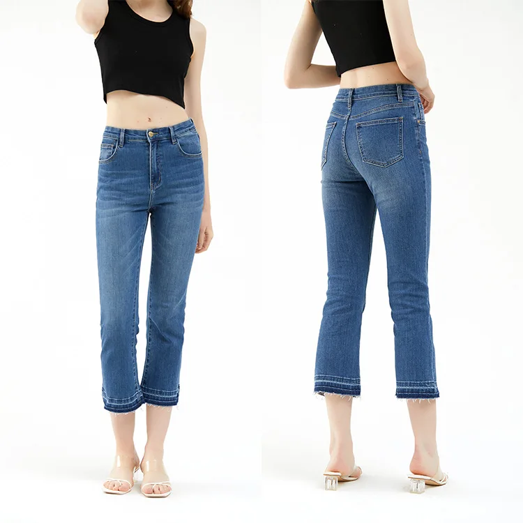 

Women's Blue High Waist Stretch Straight Raw EdgeCropped Jeans