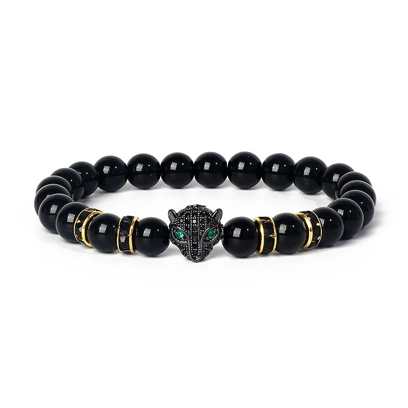 

Leopard Head Mount Crystal Charm Bracelets Men Nature Lava Rock Stone Beaded Bracelets Women Yoga Healing Balance Reiki Jewelry