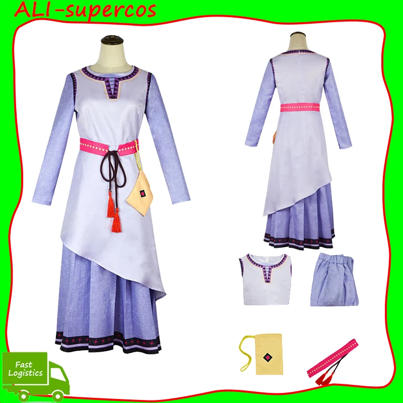 

Asha Cosplay Princess Dress Costume Women Outfits Girls Sweet Skirts Belt Bag Set Clothing Female Halloween Party Disguise Suit
