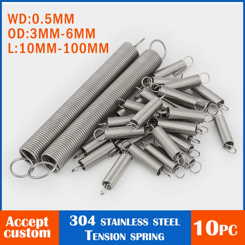 

10Pcs 304 stainless steel round hook cylindrical spiral tensile return spring Wire diameter 0.5 mm, 10 mm - 120 mm in length