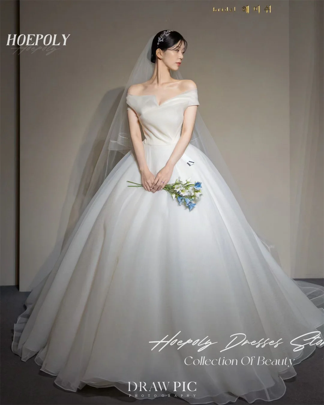 

Hoepoly Off Shoulder Floor Length Bride Wedding Party Dress Korea 드레스 Photography Organza Simple Wedding Dresses for Women
