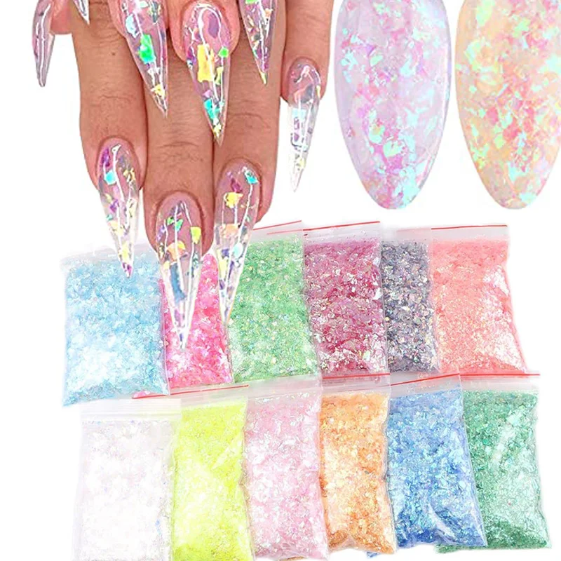 

20g Mermaid Flake Nail Glitter Sequin Iridescent Ice Nail Glitter Fluorescent Glass Paper Nail Sticker Holographic Nail Glitter