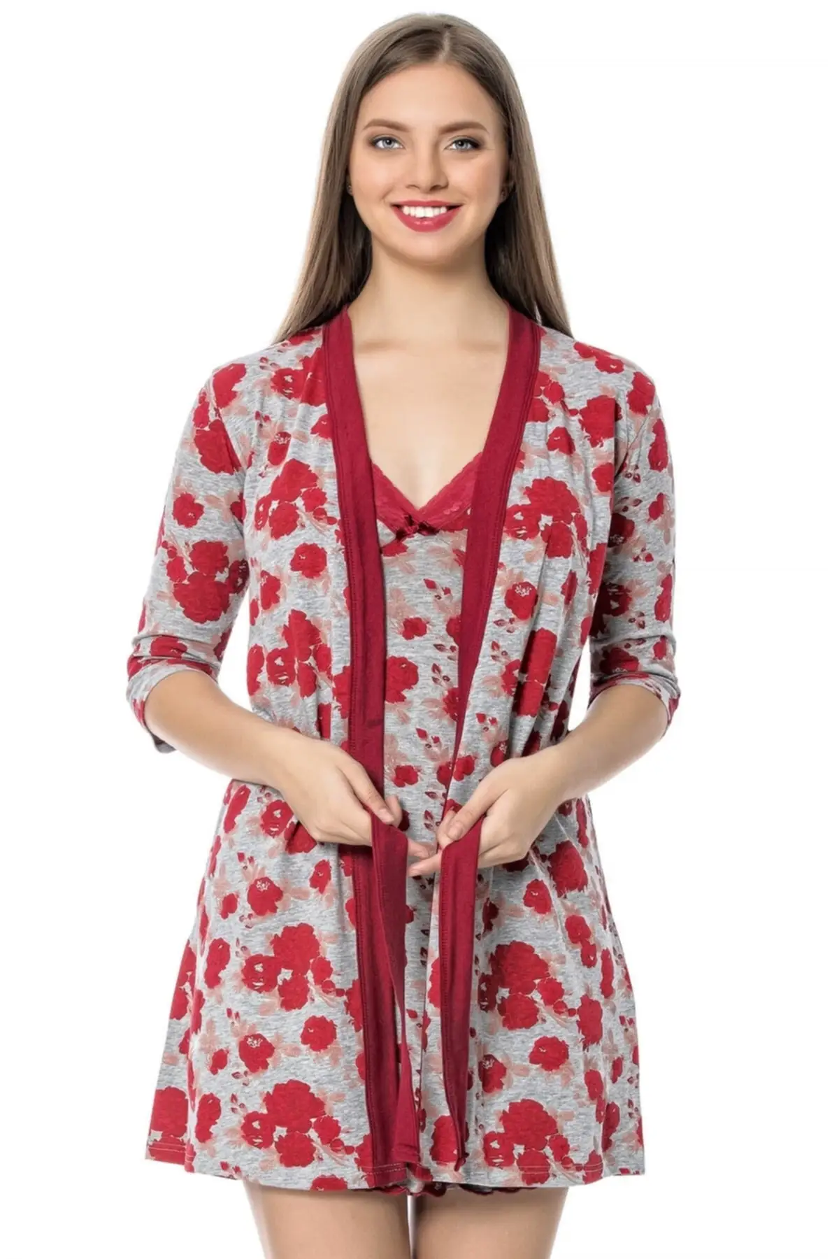 

Dressing Gown Red Rose pattern Nightgown 1103 Fashion Robe Robe Robe Sexy Peignoir Kimono Bride Sleepwear Night Gown