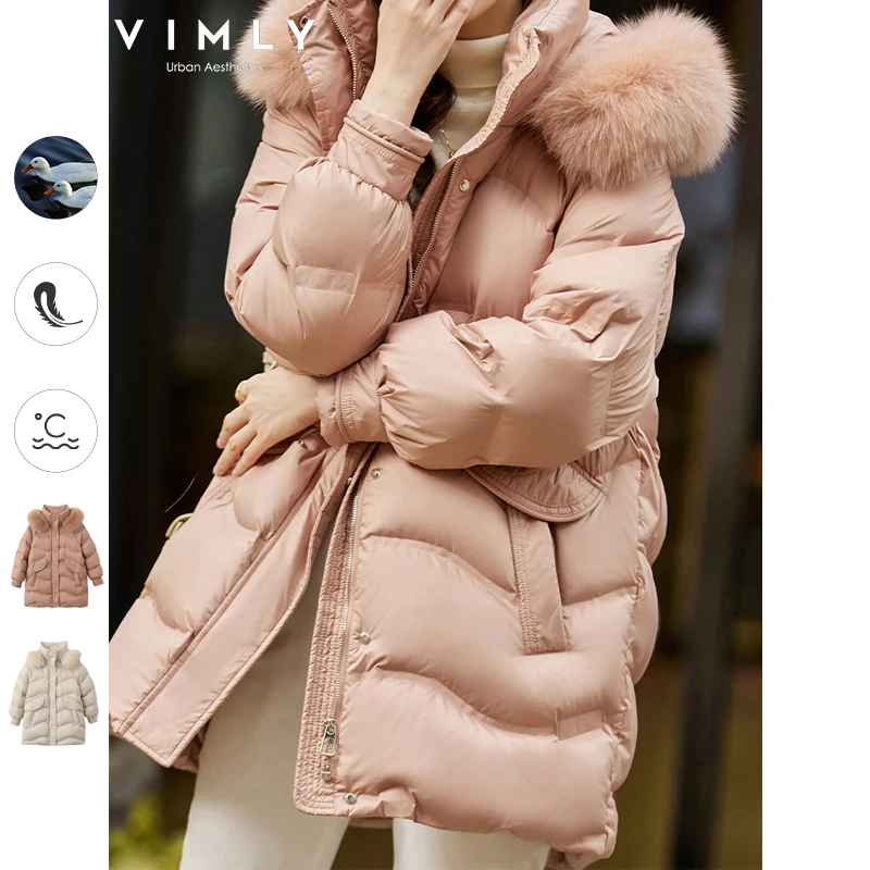 Vimly Puffer Long Down Jacket for Women Winter Warm Coat 2022 Korean Fashion Thickened Hooded Luxury Fur Collar Loose Outwear