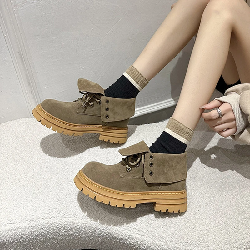 

2023 Autumn Women's Platform Shoes Fashion Outdoor Lace Up Ankle Boots for Women Casual Ladies Hiking Shoes Female Short Boots