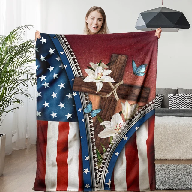 BlessLiving 3D Lilies American Flag Flannel Throw Blanket Butterfly Flower Banner Blanket For Couch Chair Sofa Bed Balcony Decor 1