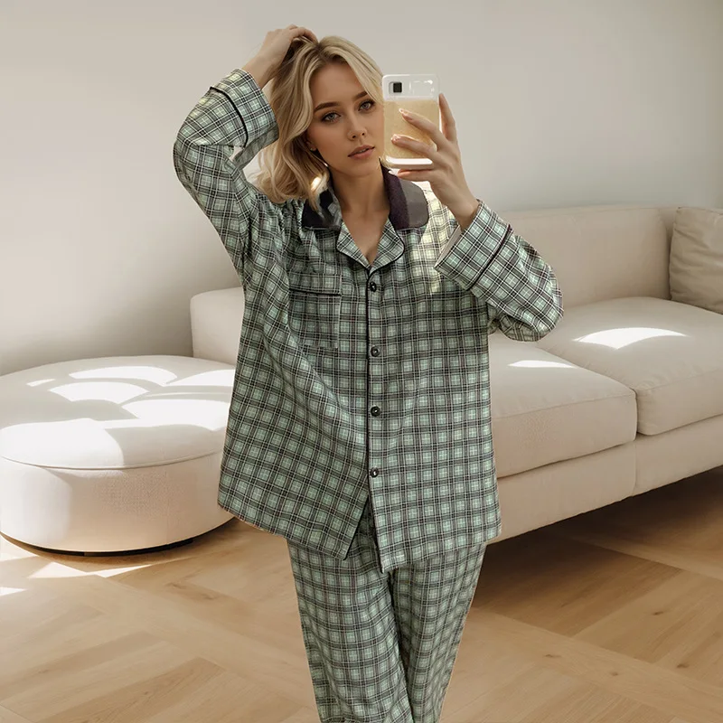 Кардиган женские пижамы брюки с длинными рукавами клетчатый домашний костюм