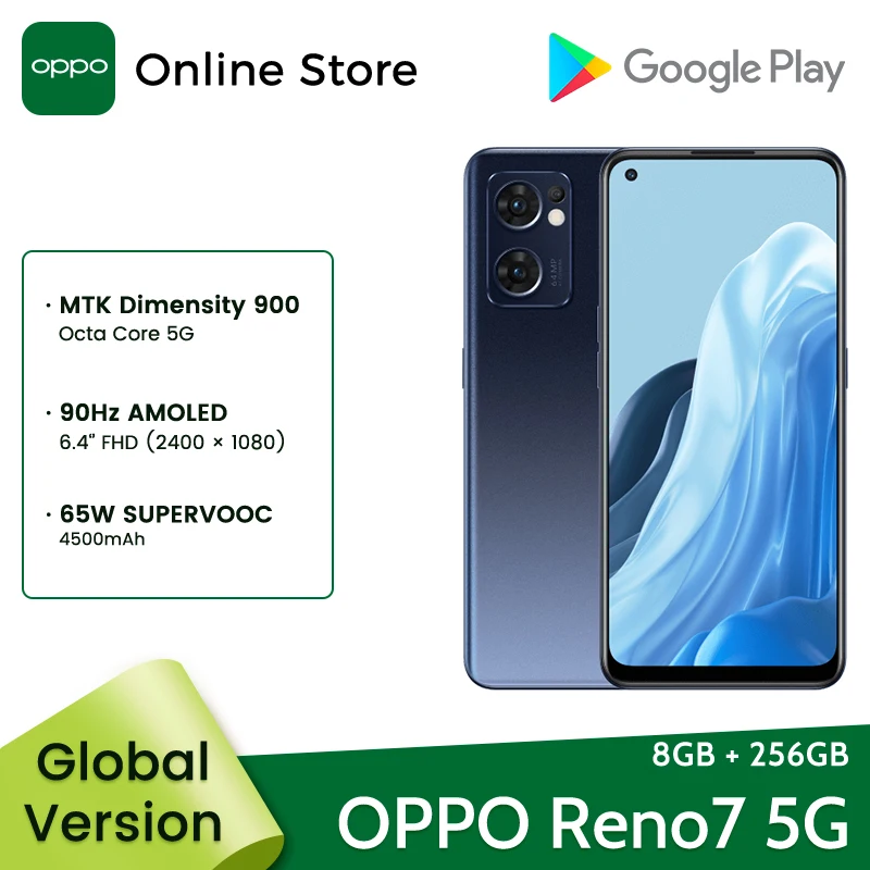 OPPO-teléfono móvil inteligente Reno7 5G, versión Global, 8GB, 256GB, MTK Dimensity 900, 90Hz, Pantalla AMOLED, cámara de 64MP, 65W, SUPERVOOC Reno 7