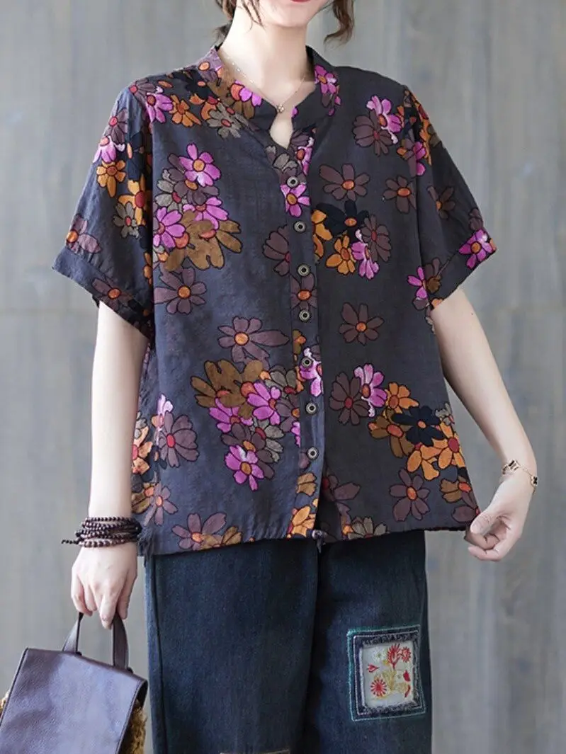 

Flower Print Casual Shirts Summer Women Casual Loose T-shirt Korean Ladies Cotton Woman Vintage Fashion Indie Folk Blouses 2022