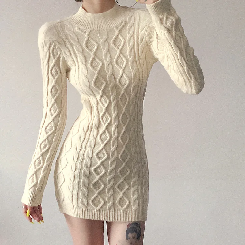 

Autumn Winter Fashion 2021 Sexy Backless Knitted Mini Dress Women Long Sleeve Warm Skinny Sweater Bodycon Dresses Holiday Outfit