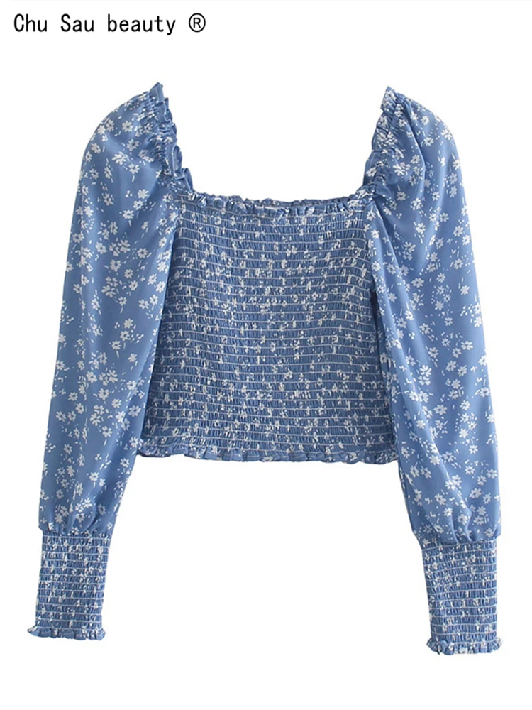 

2022 Spring Fashion Girl Sweet Floral Elastic Waist Niche Crop Top French Vintage Square Collar Puff Sleeve Blouse Women