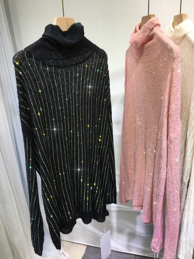 

European Fashion Shiny Sweater Top Women Embroidery Hot Drilling Sweaters Turtleneck Loose Mid-Length Idle Style Autumn Winter