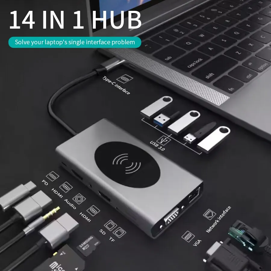 14 в 1 USB Type C концентратор беспроводной зарядки USB 3,0 RJ45 PD к HDMI-совместимый адаптер док-станция для Macbook Pro ноутбука ПК