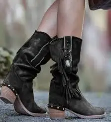 

Autumn Bohemian Boots Women Ethnic Tassel Fringe Faux Suede Leather Mid Half Boots Woman Square Heel Shoe Booties Rtg5