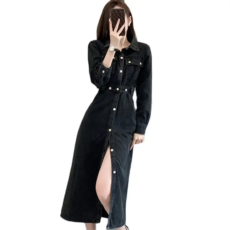 

Черное джинсовое платье с длинным рукавом, весна-осень, модные блузки 2022, дешевая винтажная одежда для женщин, женская одежда, Харадзюку, Kawai