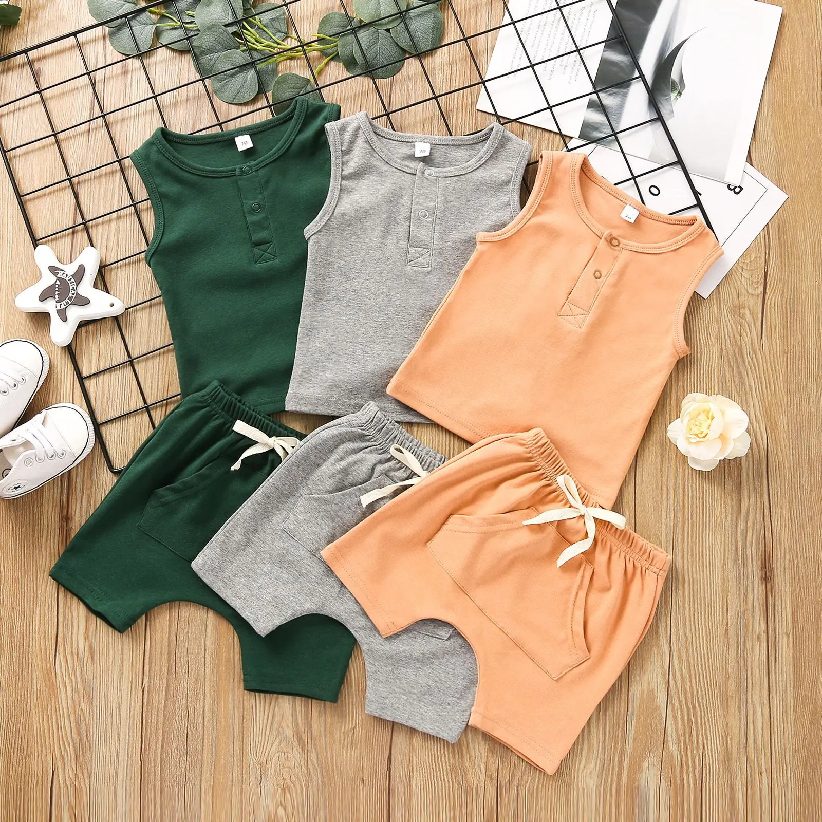 

Toddler Kids Baby Outfit Set 2021 New Summer Sleeveless Vest Pocket Foreign Trade Boys' Solid Color Casual Shorts Set